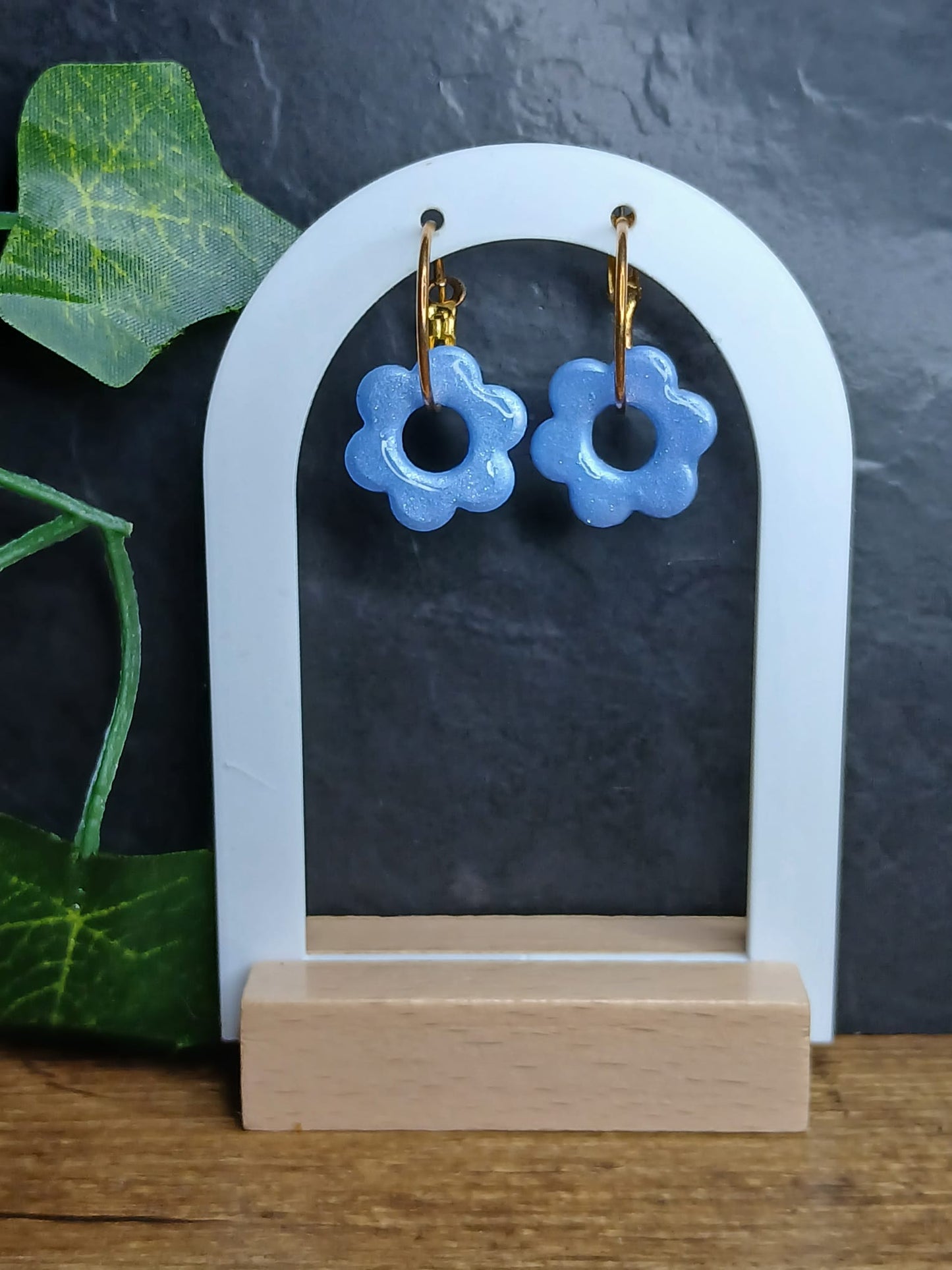 Pampilles petites fleurs pailletées  - Bleu pierre